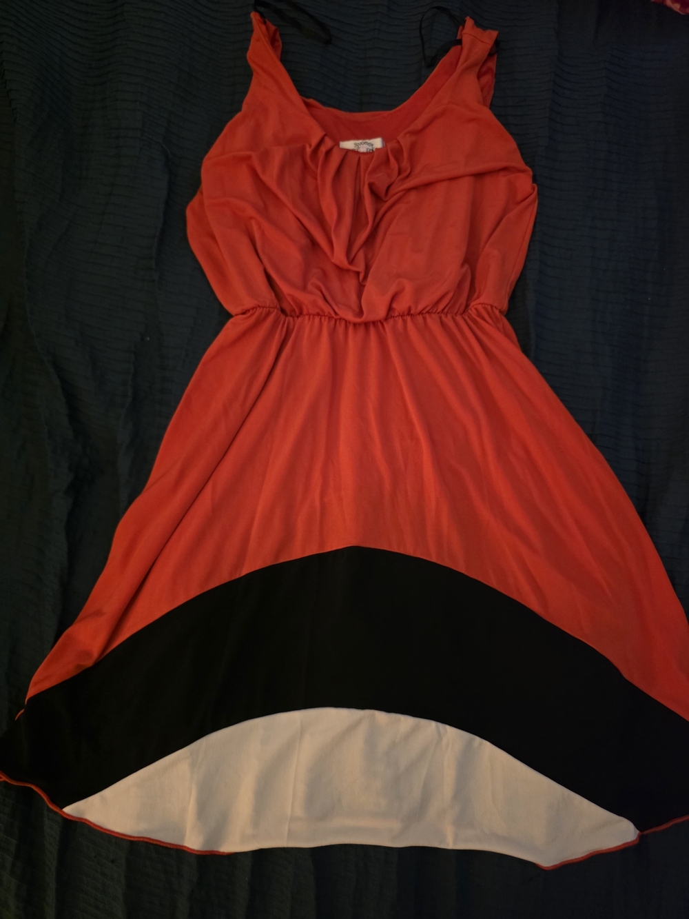Sweet Storm Coral Midi Dress with Black and White Hem